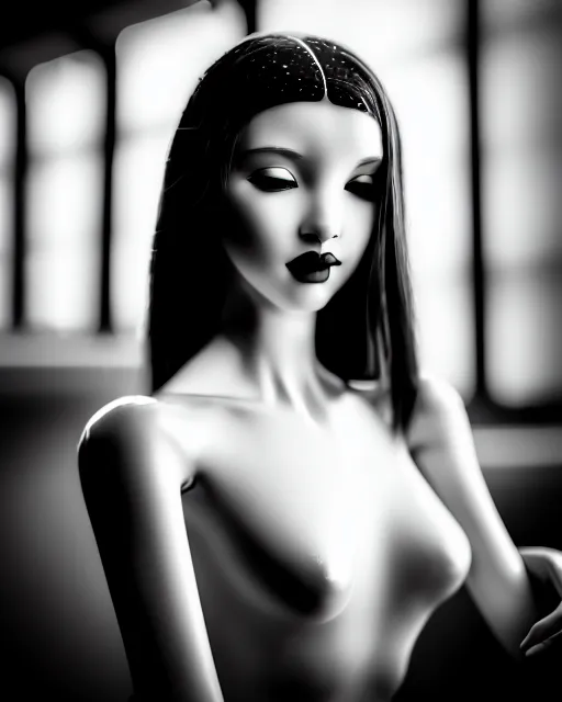 Prompt: black and white dreamy young beautiful female artificial intelligence, cyborg, cinematic, rim light, bokeh, photo - realistic, elegant, high detail, 8 k, masterpiece, photo taken in 1 9 3 0