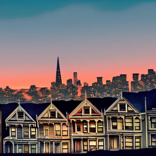 Prompt: a photograph of the painted ladies in san francisco at sunset artstation cyberpunk dreamscape high definition