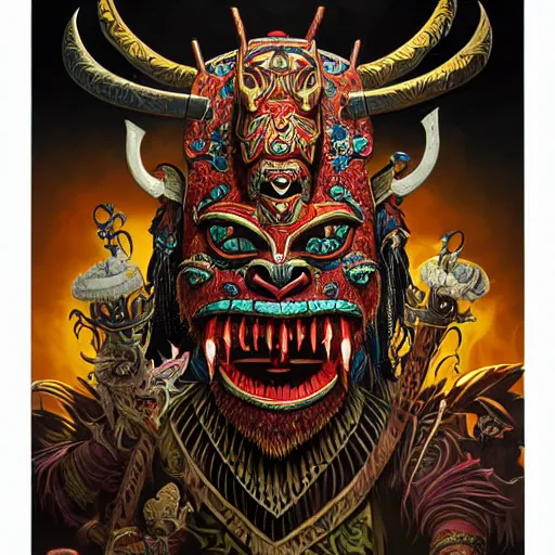 Image similar to side profile of barong family ancient sword with jewels, wiwek, mara demon, one single tribe member, jungle, one single mask, dark, tribal, inner glow, art by dan mumford and justin gerard