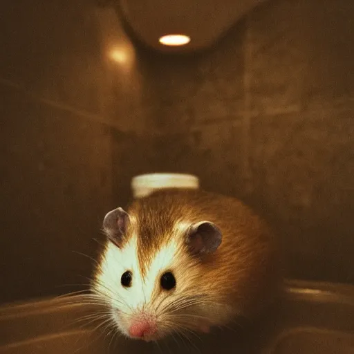 Prompt: hamster in the dark bathroom without lights, mood, creepy, realistic photography, high quality image, hyper detailed