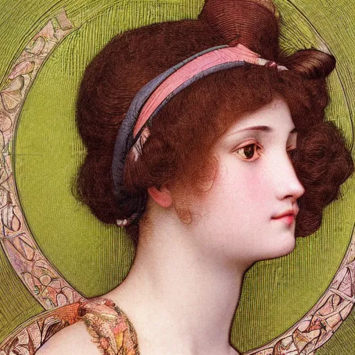 Prompt: hyperrealistic detailed portrait of an e - girl. egirl, art by ernst haeckel, john william godward, hammershøi, alphons mucha, pontormo, ornamental, decorative, art nouveau pattern, lights by hopper, pastel colours,