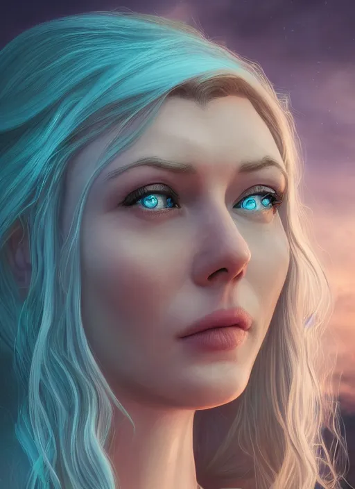 Image similar to an epic fantastic realism comic book style portrait painting of galadriel, teal energy, female, golden hair, d & d concept art, unreal 5, daz, hyperrealistic, octane render, cosplay, rpg portrait, dynamic lighting