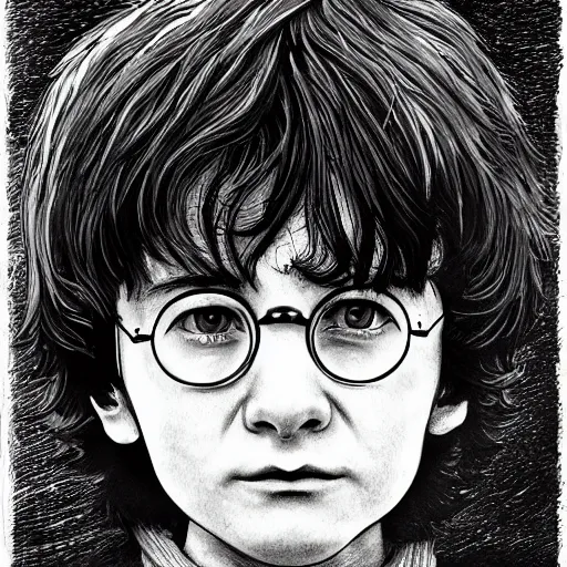 Image similar to a close up portrait of harry potter as a child, art station, highly detailed, concept art, sharp focus, illustration in pen and ink, wide angle, by Kentaro Miura