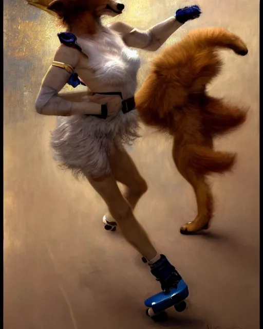 Image similar to white female anthro wolf skating at a roller derby, female fursona, 4 k, trending on artstation, very expressive detailed face, by gaston bussiere, craig mullins, j. c. leyendecker, gustav klimt, artgerm, greg rutkowski, alphonse mucha