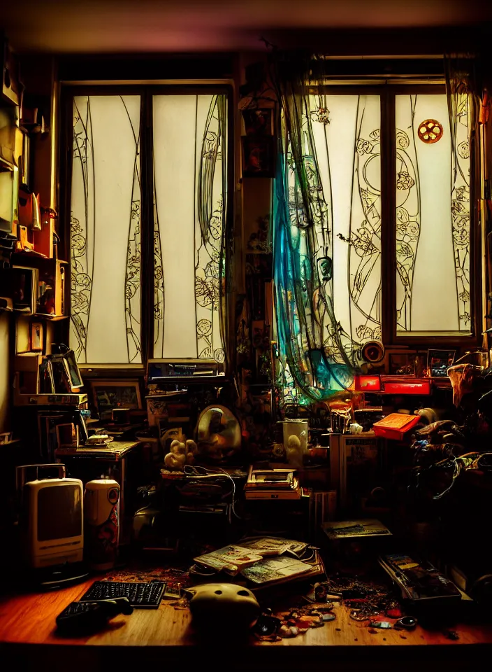 Prompt: telephoto 7 0 mm f / 2. 8 iso 2 0 0 photograph depicting the feeling of chrysalism in a cosy cluttered french sci - fi ( ( art nouveau ) ) cyberpunk apartment in a dreamstate art cinema style. ( ( computer screens, window rain, sink ( ( ( fish tank ) ) ) ) ), ambient light.