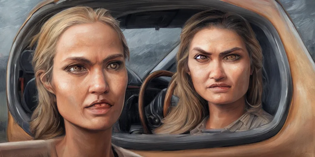 Image similar to highly detailed portrait painting of truck driver and angelina joile, perfect symmetrical eyes, by eddie mendoza and tyler edlin, 8 k resolution