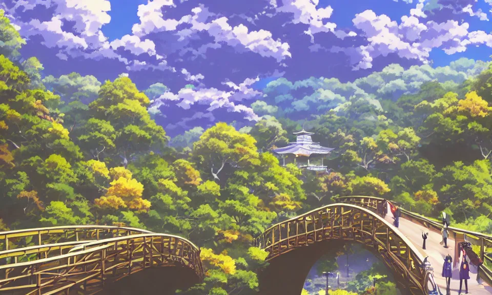 Image similar to kyoto animation still of confusion and fear, bridge, rural landscape, wide shot, dynamic lighting, vivid colors, high detail, award winning