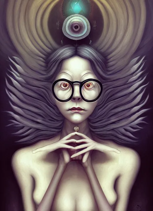 Prompt: matte symmetrical portrait of a sentient diffusion ai named stable. she wears glasses and smokes a pipe. a surrealist interior mental soulscape by hieronymus bosch, cyril rolando, esher and natalie shau, whimsical, profound, impossible. trending on devaintart.