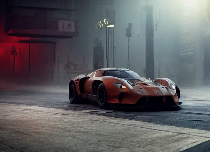 Image similar to Bladerunner 2049 scene of man tuning his sports car in garage dark atmospheric volumetric lighting moody dark cinematic Roger Deakins Cinematography futuristic cyberpunk car GT40 Le Mans GTR R35 Viper RX-8 S14 Lan Evo X ikuo maeda Newton Thomas Sigel