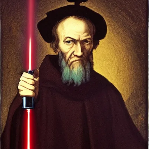 Image similar to the theologian John Calvin holding a lightsaber