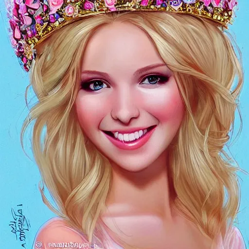 Image similar to very very very beautiful beauty queen in her 20s with blonde hair and crown wearing pink prom dress, making eye contact, smiling, flirty, 8k, perfect body, perfect face, full body portrait, digital art drawn by WLOP and artgerm