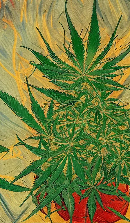 Image similar to devil spreads his hands against the background of growing cannabis. an oil painting in the style of van gogh