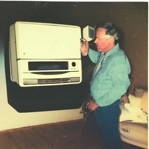 Prompt: polaroid photo of my dad trying to fix our old TV from the 50's, photo taken em 1976, in color