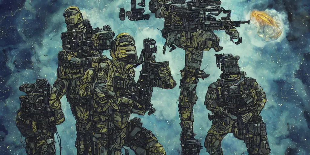 Image similar to military sci fi muppet special forces soldiers,inks,octane render photorealistic, blue,gold,white,black octane render, insanely detailed, realistic, + psychedelic, cosmic energy by Kelly McKernan, yoshitaka Amano, hiroshi yoshida, moebius, loish, artgerm, happy,joyful, painterly, symmetrical and detailed hyperdetailed 8k, moebius,steven wiltshire, , hyper detailed,high contrast,vivid psychedelic colors,, Neon Genesis Evangelion, mathematics and geometry, loony toons, saturated, sun rays + Laurie Greasley + Katsuhiro Otomo, Craig Mullins, 8k, octane render, trending on artstation, hyper detailed,