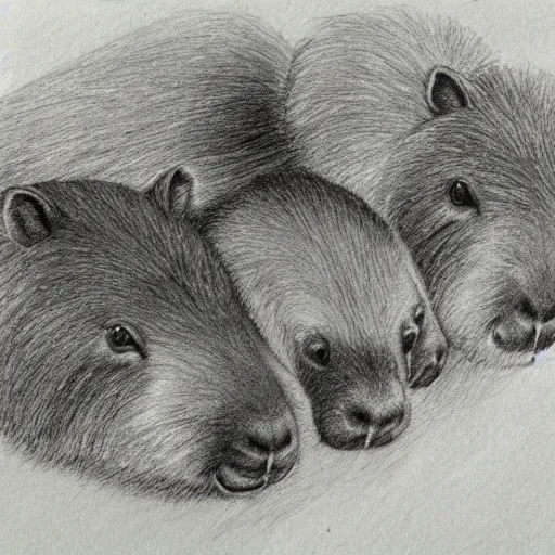 Image similar to pencil sketch of four capybaras in hot tub, realistic, shaded