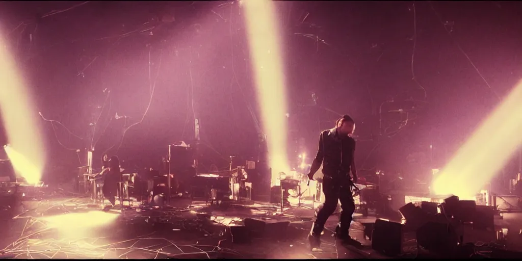 Image similar to dusty Trent Reznor smashing guitars, group of people on stage playing instruments, elaborate stage effects, dust, smoke, giant LED screens, colored projections, ultrafine detail, goth cybersuit, glowing thin wires, smoke, high contrast, projections, a screenshot by David Gilmour Blythe, holography, tesseract, volumetric lighting, anamorphic lens flare