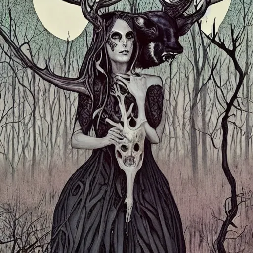 Image similar to an epic horrific wiccan gothic painting of a mother - nature witch cult woman wearing a deer skull, in a moonlit forest by gerald brom by junji ito by vanessa lemen by charlie bowater