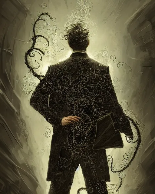 Image similar to a highly detailed portrait of devious male magician radiating a powerful energy aura, ornate back tuxedo, wispy tendrils of smoke, intricate, digital painting, old english, raining, sepia, particles floating, whimsical background by marc simonetti, artwork by liam wong