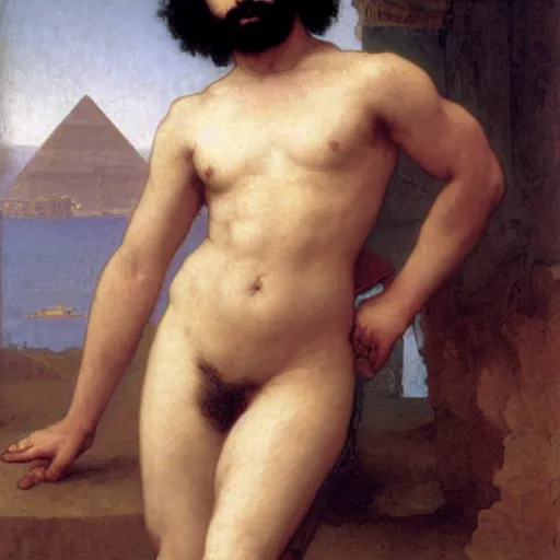 Prompt: karl marx as young egyptian girl, full body, white loincloth, symetrical, grey background, intricate, sharp focus, illustration, orientalism, bouguereau, rutkowski, jurgens