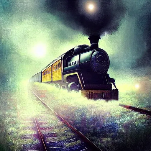 Image similar to a train filled with ethereal spirits travelling to the after life impressive scene. grainy and rough. soft colour scheme. beautiful artistic detailed digital art