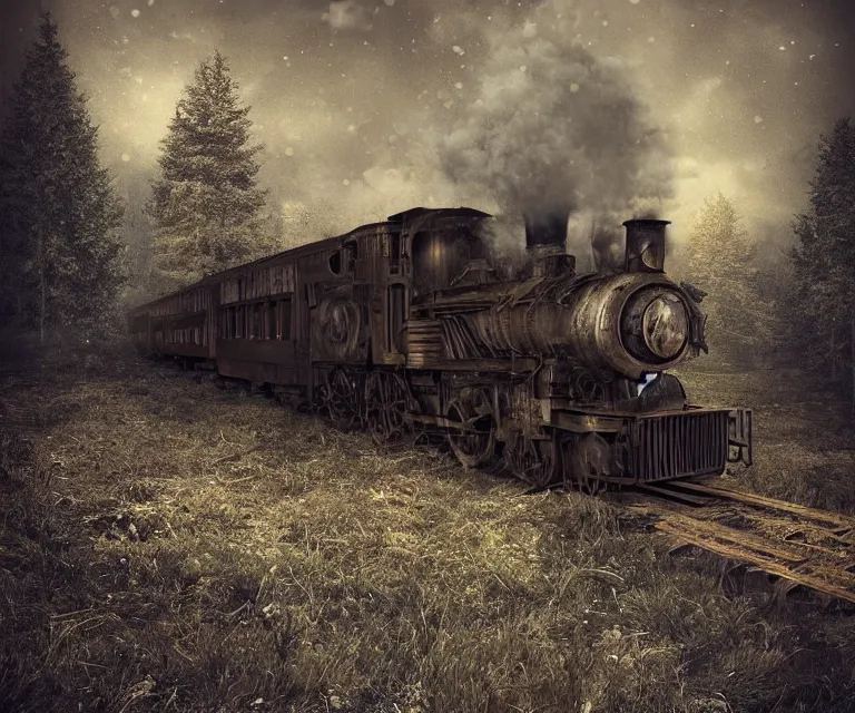 Image similar to magical ghost train, high res, photorealistic, dark atmosphere, dark fantasy, gloomy tracks, bright lights, forestry