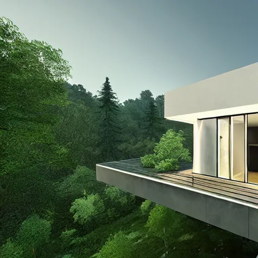 Image similar to a clearing in the forest revealing a private, modern home on a hill, garden, long driveway, unreal engine