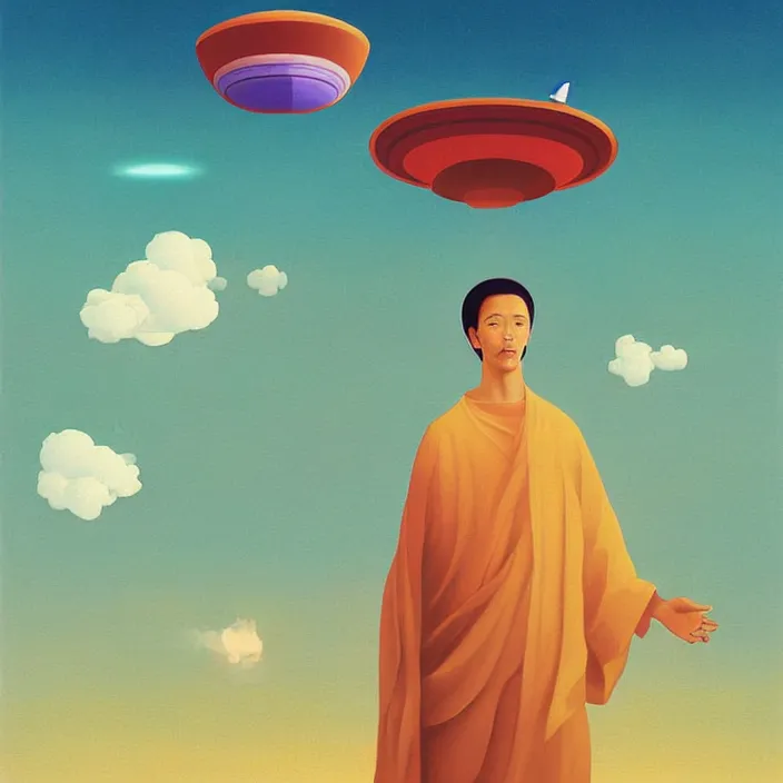 Image similar to UFO hovering over an African Jesus , clouds, colorful, painting by Hsiao-Ron Cheng,