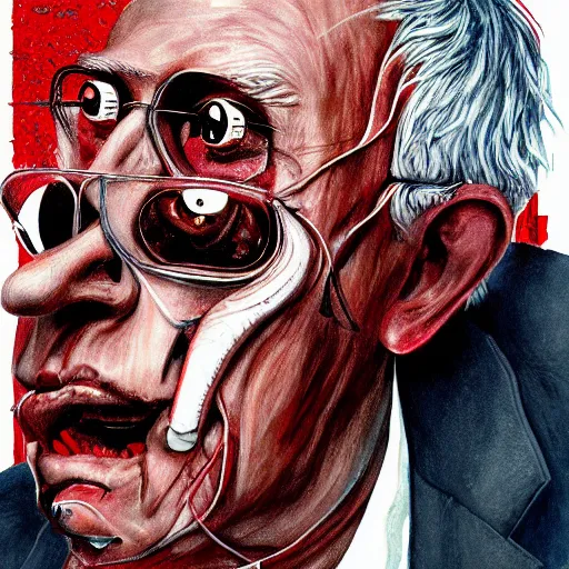 Prompt: bernie sanders cyborg graphic illustration, creative design, skinless head, biopunk, body horror, full body portrait, character design, by ralph steadman, francis bacon, hunter s thompson