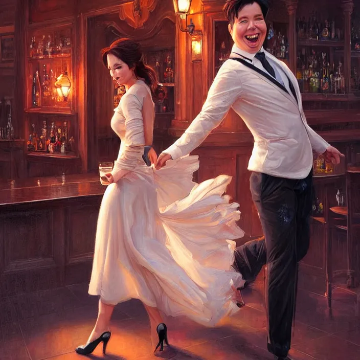 Prompt: portrait of michael mcintyre leaving a bar holding a singing waitress, elegant, real life skin, intricate artwork, high detailed, artstation, concept art, smooth, sharp focus, art by artgerm and greg rutkowski