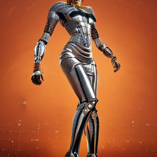 Image similar to full body portrait of the muscular Egyptian Android Pharaoh Queen, by DC comics and Sandra Chevrier and beeple, artstation, volumetric lighting and fog, hyperrealism, hyper detailed futuristic royalty, award winning costume design, cybernetic bionic ancient cyborg, fashion show runway, futuristic fine textures, woven with electricity, high fashion superpowers, floating dust particles, bokeh, mystic haze, 4k UHD, HDR