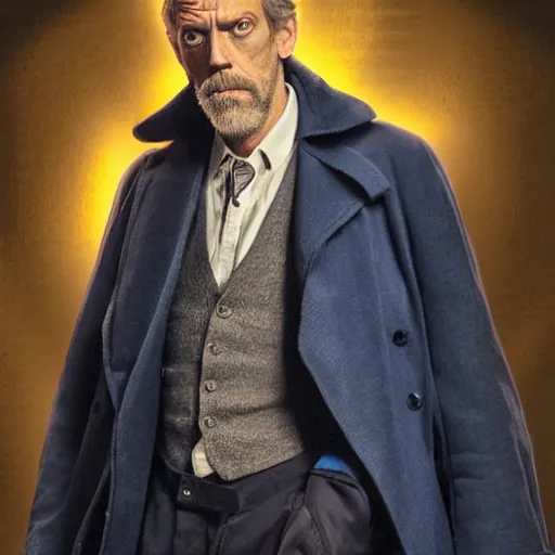 Image similar to hugh laurie as a rough dirty old man with a scruffy beard in a dark blue trenchcoat as the new doctor who, cinematic, volumetric lighting, f 8 aperture, cinematic eastman 5 3 8 4 film, photorealistic by greg rutkowski, by stanley artgerm, by alphonse mucha