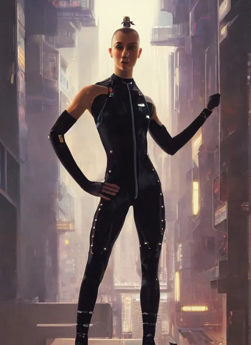 Image similar to cyberpunk olympic gymnast with robotic arms wearing a jumpsuit ( blade runner 2 0 4 9, cyberpunk 2 0 7 7 character design ). orientalist portrait by john william waterhouse and james gurney and theodore ralli and nasreddine dinet, oil on canvas. cinematic, hyper realism, realistic proportions, dramatic lighting, high detail 4 k