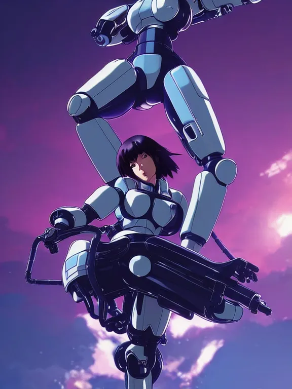 Image similar to a fullbody action still of motoko kusanagi riding on top of a tachikoma, the major ghost in the shell : : stand alone complex, under repairs, maintenance : : by ilya kuvshinov, rossdraws, artgerm, sola digital arts, anti aliasing, raytracing : :