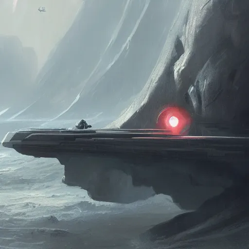Image similar to star wars concept art by greg rutkowski, a palatial and imposing grey rectangle in the middle of a ocean landscape, enigmatic atmosphere, beautiful and cinematic lighting, artstation hq.