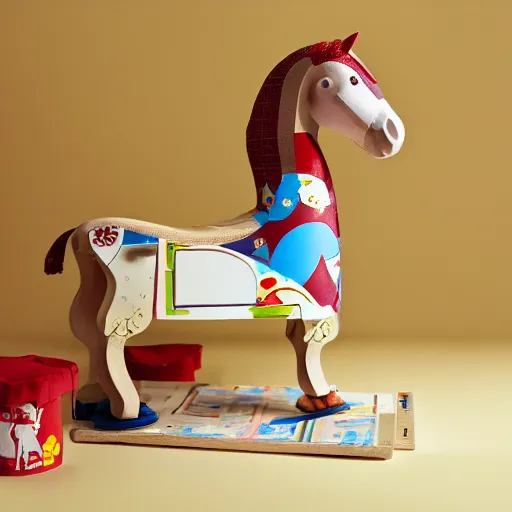 Prompt: the trojan horse as rocking horse, toy for toddlers