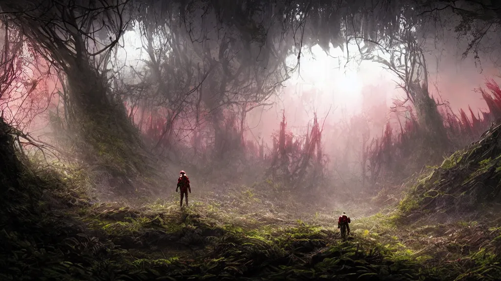 Prompt: dramatic Photorealistic dramatic Landscape Matte painting,Looking through deep inside an Alien planets dense red forest,a lone astronaut in a white spacesuit with lights is exploring outside a gigantic crashed derelict spaceship,hundreds of tall gigantic monster carnivorous Red Venus Flytrap plants and glowing bulbs,translucent wet and slimy plant life by Greg Rutkowski,Craig Mullins,Fenghua Zhong,a misty haze,Beautiful dramatic moody nighttime lighting,Cinematic Atmosphere, Volumetric Lighting,Terragen,Octane Render,8k