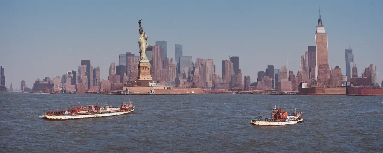 Image similar to a ship transporting spaghetti in new york's hudson river, the statute of liberty in the background, canon 8 0 mm, photography, film, kodachrome