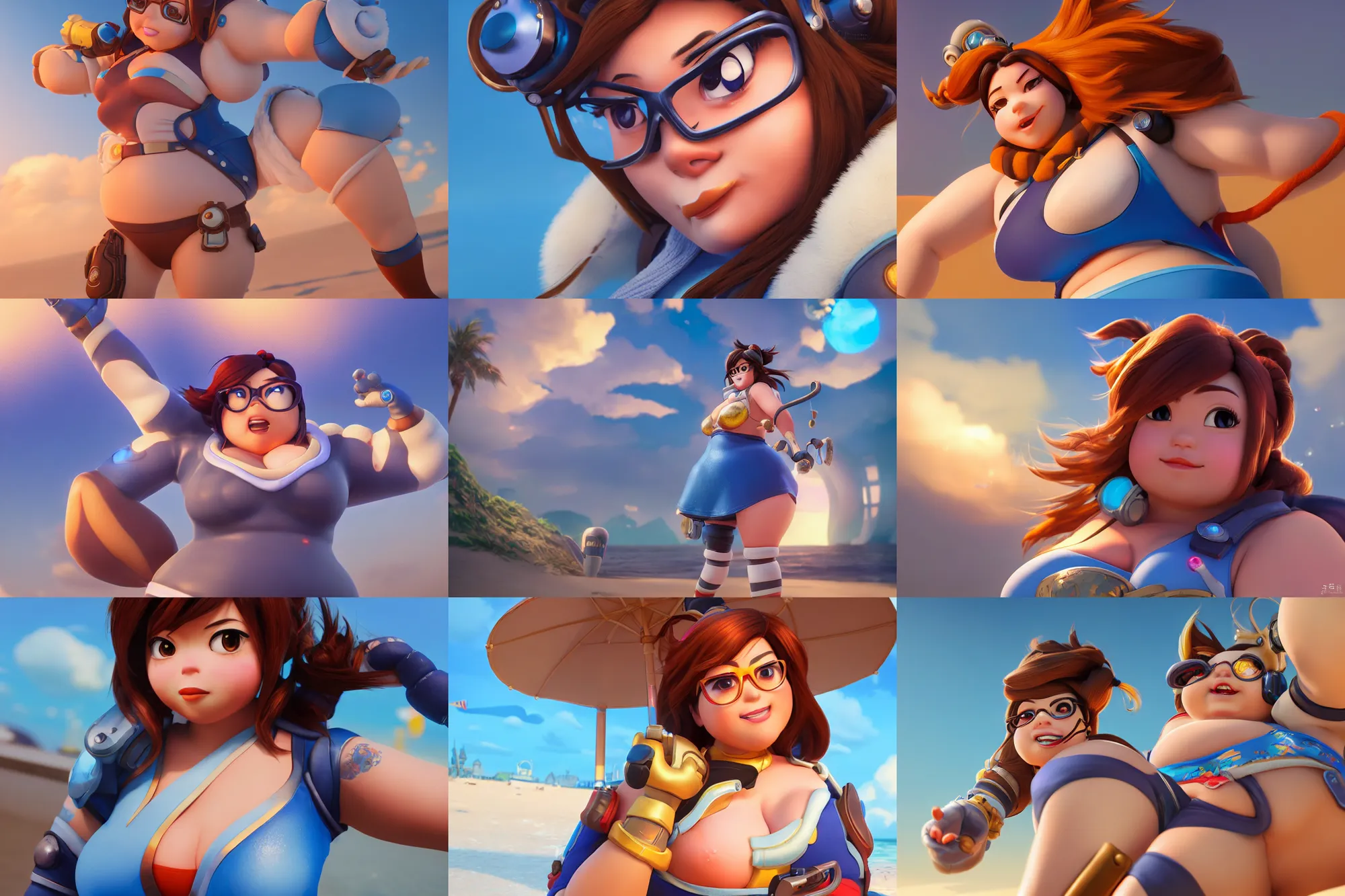 Prompt: hyperdetailed mei from overwatch as a disney pixar character, hd texture, beautiful 3D render, 8k, octane render, soft lighting, hyperrealistic, at the beach, sharp focus, golden hour, specularity, reflections, Mei-Ling Zhou, chubby