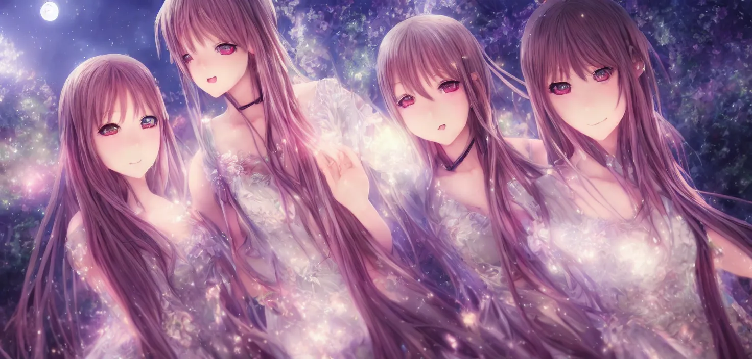 Image similar to two beautiful anime girls wear fantasy dress in festival | | sunny night, full moon, dreamlike art, realistic shaded, smile, good looking, hyper details, 4 k realistic, cryengine, realistic shaded lighting poster by artgerm, ross tran, fuji choko, 8 k resolution, trending on artstation, luxury