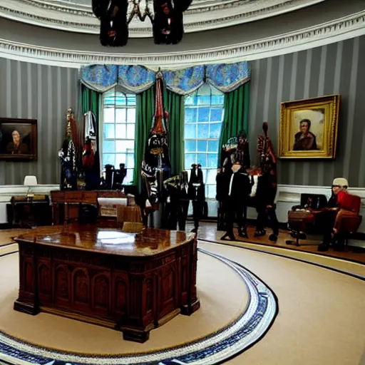 Prompt: senator armstrong!!!!!!!!!!! from metal gear rising revengeance!!!!!!!! sitting behind resolute desk, oil painting, presidential portrait, oval office
