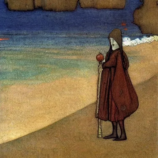 Image similar to a middle ages painting of a beach by john bauer