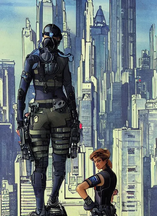 Prompt: Selina. USN special forces operator looking at city skyline. Agent wearing Futuristic stealth suit. rb6s Concept art by James Gurney, Alphonso Mucha.