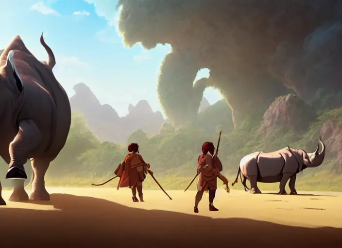 Prompt: the big large expedition with a lot of explores, warriors and adventurers, being brought by several rhinos carrying things towards the desert of duhnes medium shot, studio ghibli, pixar and disney animation, sharp, rendered in unreal engine 5, anime key art by greg rutkowski, bloom, dramatic lighting