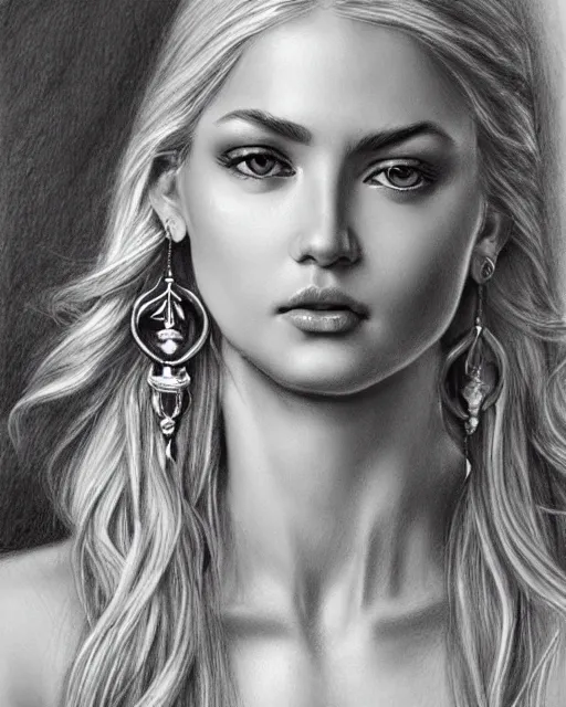 Image similar to pencil drawing of a beautiful greek goddess aphrodite with arrowhead earrings, beautiful piercing eyes, beautiful blonde hair, hyper realistic face, in the style of greg rutkowski, fantasy, amazing detail, epic, elegant, smooth, sharp focus, from the front