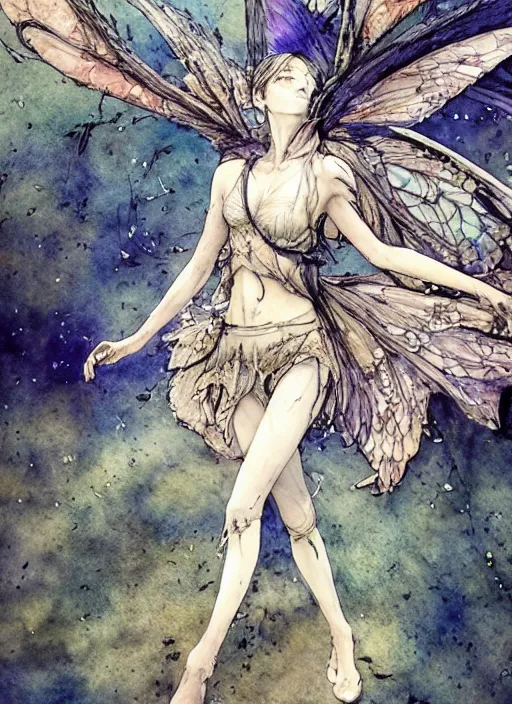 Prompt: beautiful, limping fairy, walks across the battlefield toward an oasis, barb wire, explosions, torn wing, watercolor, pen and ink, intricate line drawings, by Yoshitaka Amano, Ruan Jia, Kentaro Miura, Artgerm,