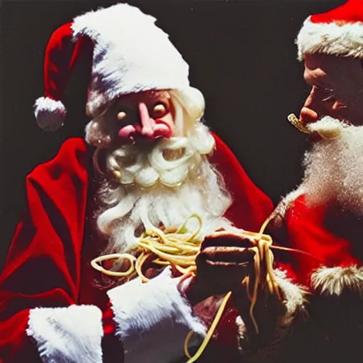 Image similar to nosferatu sharing a string of spaghetti with santa claus, holding hands, heartwarming emotional image, photograph