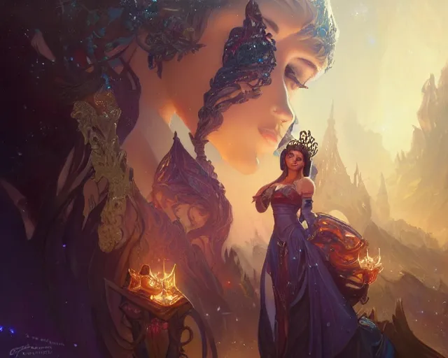 Image similar to miss universe, 8 k, deep focus, d & d, fantasy, intricate, elegant, highly detailed, digital painting, artstation, concept art, matte, sharp focus, illustration, hearthstone, art by artgerm and greg rutkowski and alphonse mucha