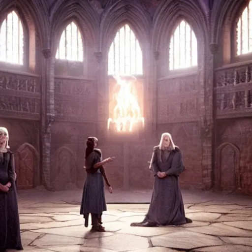 Image similar to Daenerys the Stormborn spells in the Hogwarts transfiguration room, film still