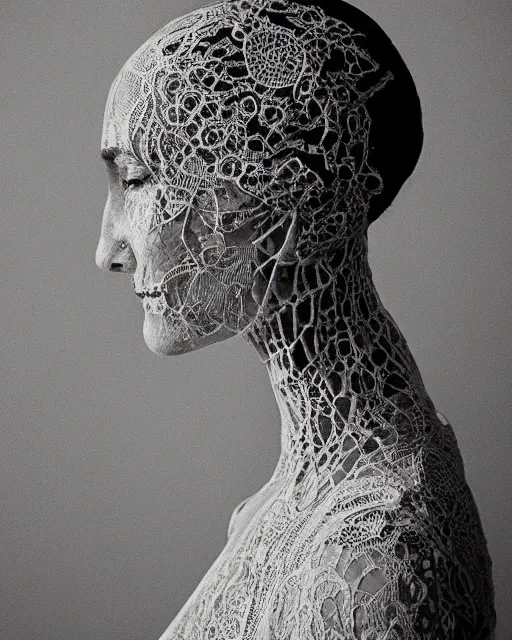 Image similar to a woman's face in profile, made of intricate decorative lace skeleton, in the style of the dutch masters and gregory crewdson, dark and moody