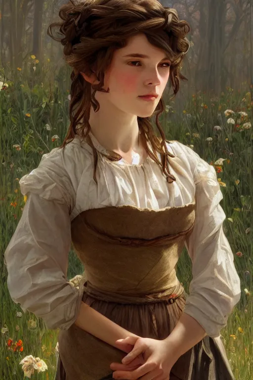 Image similar to beautiful cottagecore young peasant maiden, innocent, intricate, elegant, highly detailed, digital painting, artstation, concept art, smooth, sharp focus, illustration, art by artgerm and greg rutkowski and alphonse mucha